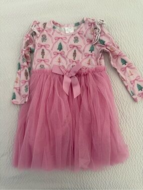 Girls Pink Tulle Bow Dress - Holiday Nutcracker Print